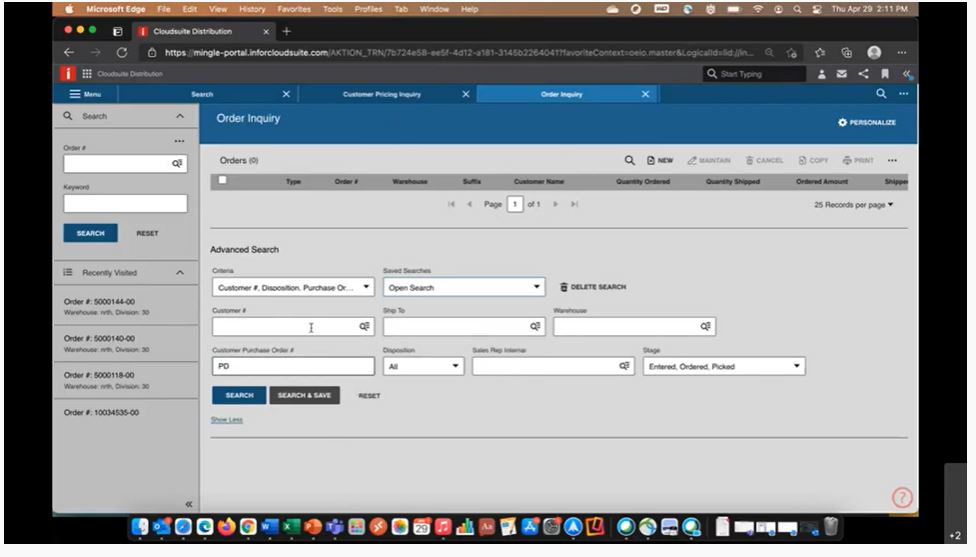 screenshot of Infor CloudSuite Distribution